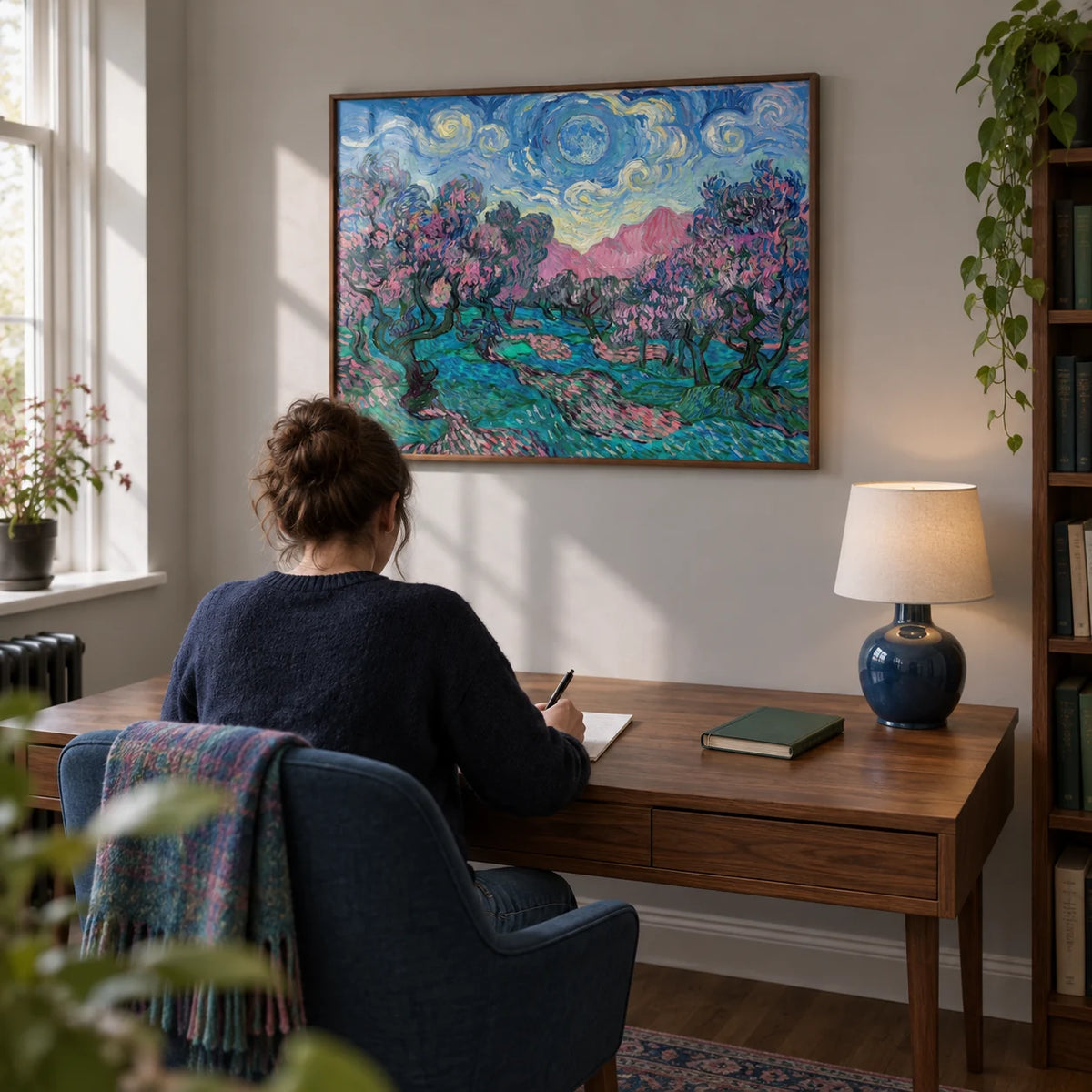 Colorful Landscape Art, framed on the wall of a quiet home study in a UK flat with pale grey walls
