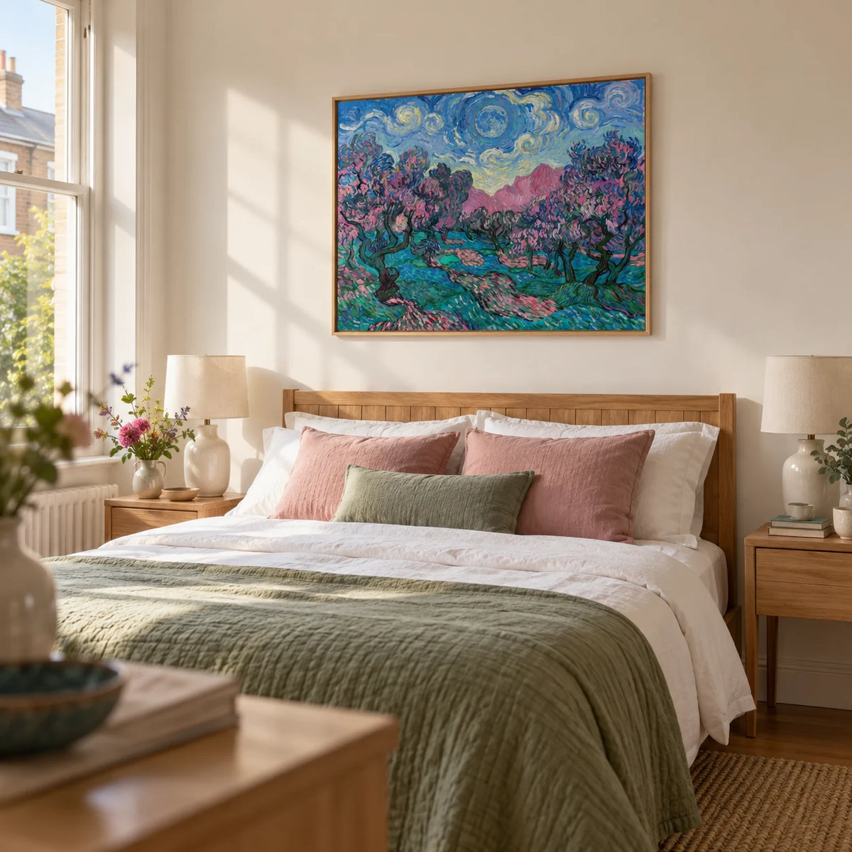 Colorful Landscape Art, framed on the wall of a restful bedroom in a renovated UK terrace with a warm white wall