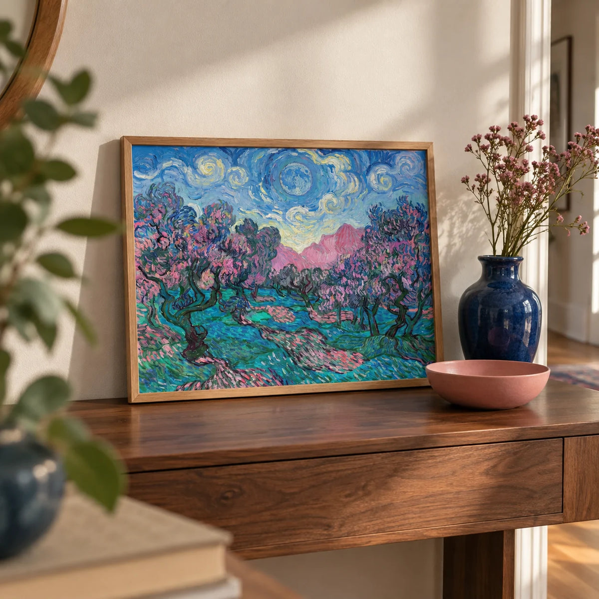 Colorful Landscape Art, a small A4 framed print leaning on a walnut hallway side table