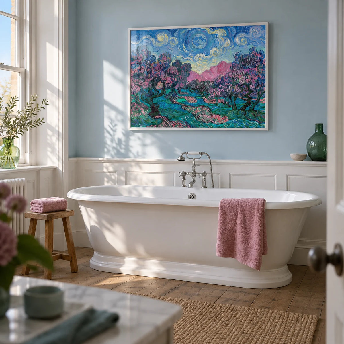 Colorful Landscape Art, framed on the wall of a spacious bathroom in a UK period home with a pale blue painted wall above plain white panelling