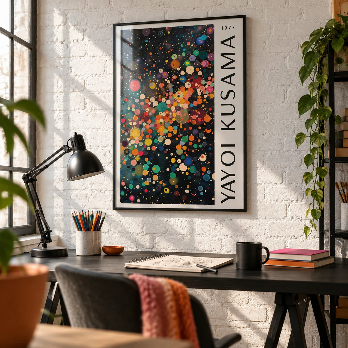 Colorful Large Wall Art, framed on the wall of a design studio corner with a white brick wall in a home office