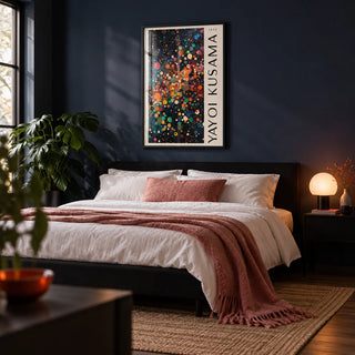 Colorful Large Wall Art, framed on the wall of a moody modern bedroom with a deep navy wall