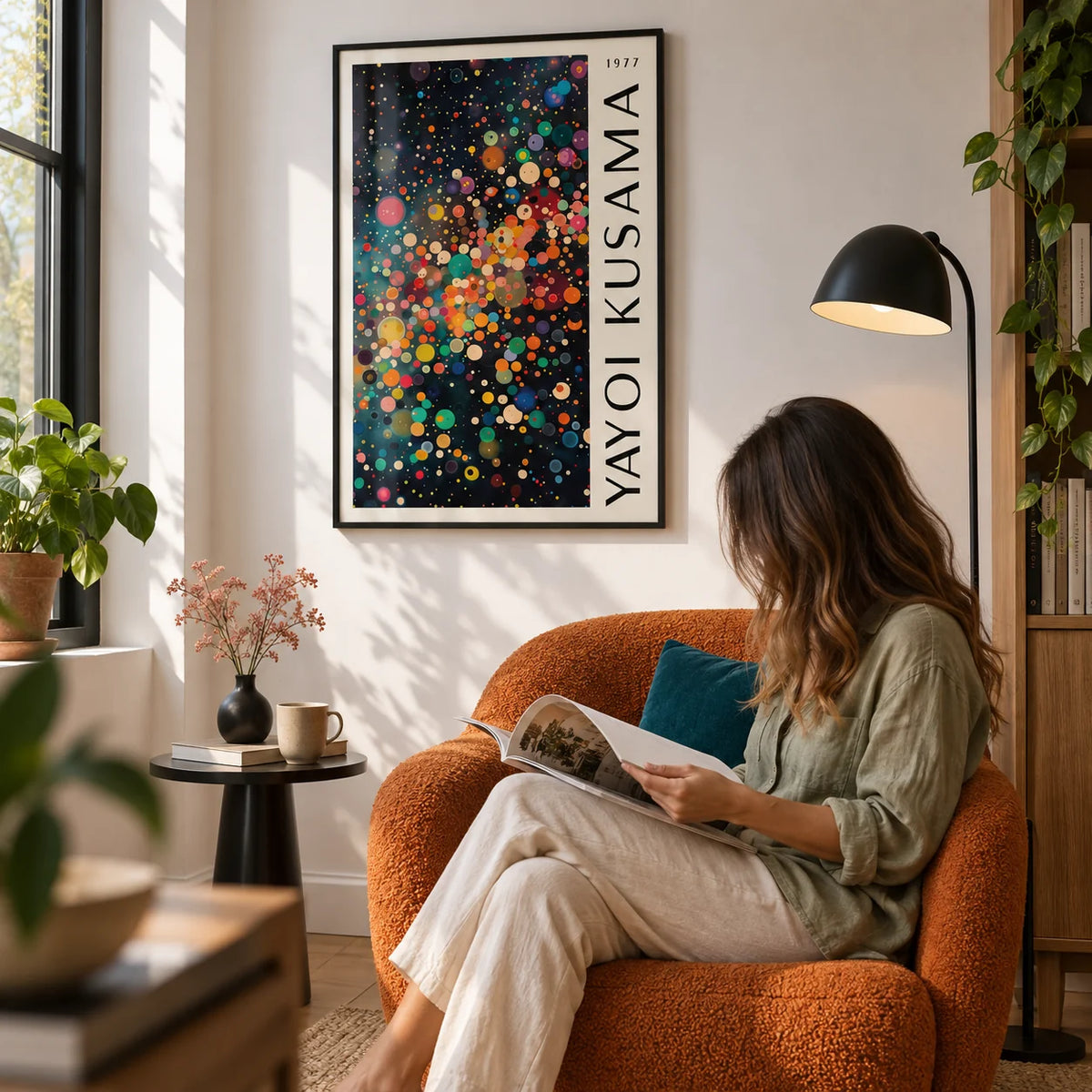 Colorful Large Wall Art, framed on the wall of a reading corner in a design-led flat with a white wall in a living room