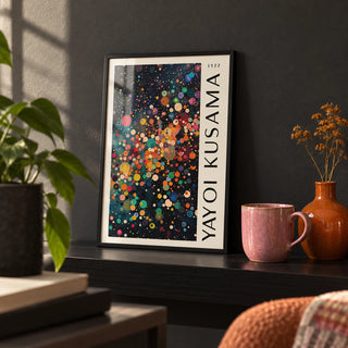Colorful Large Wall Art, a small A4 framed print leaning on a black shelf in a living room