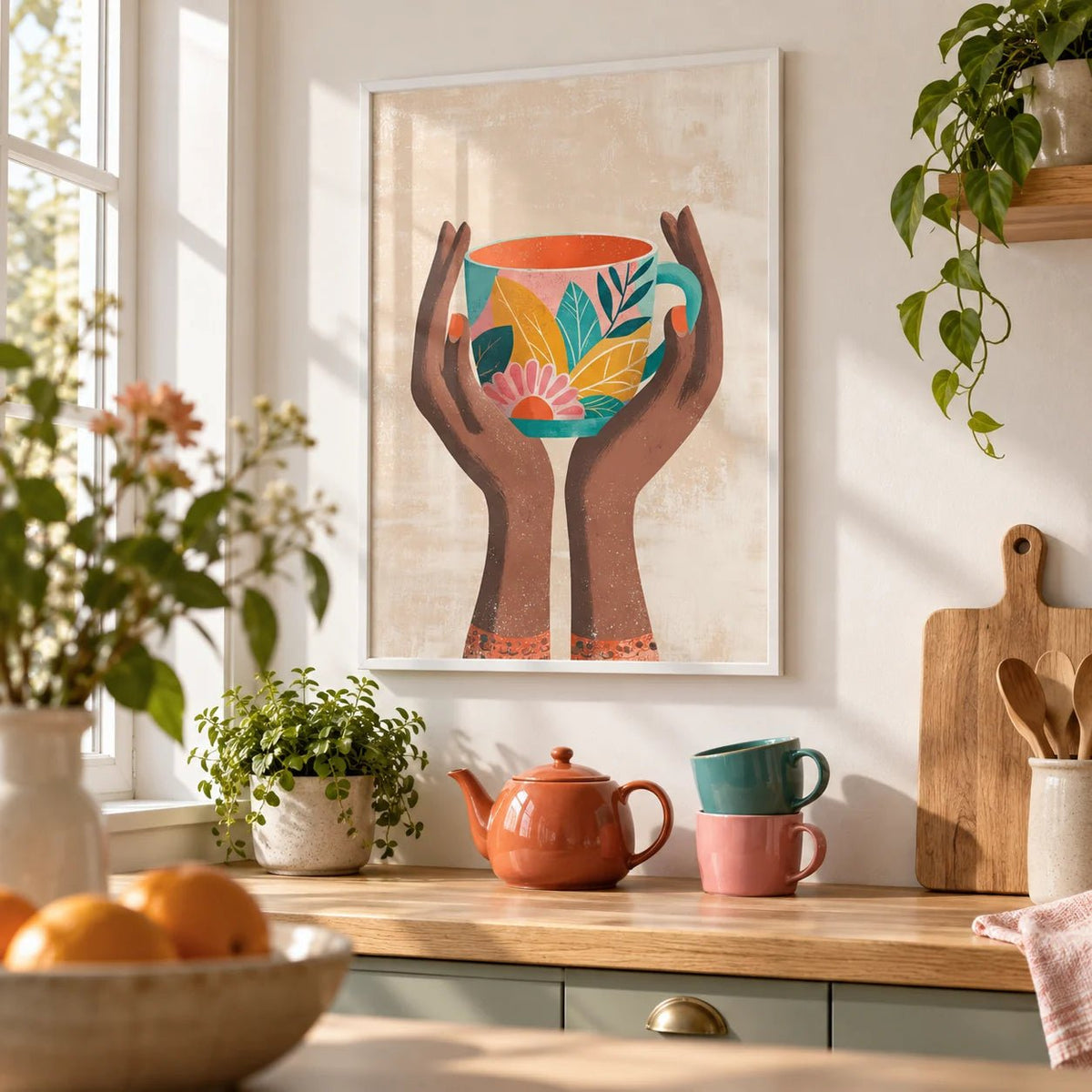 Colorful Mug Art Print, framed on the wall of a bright kitchen