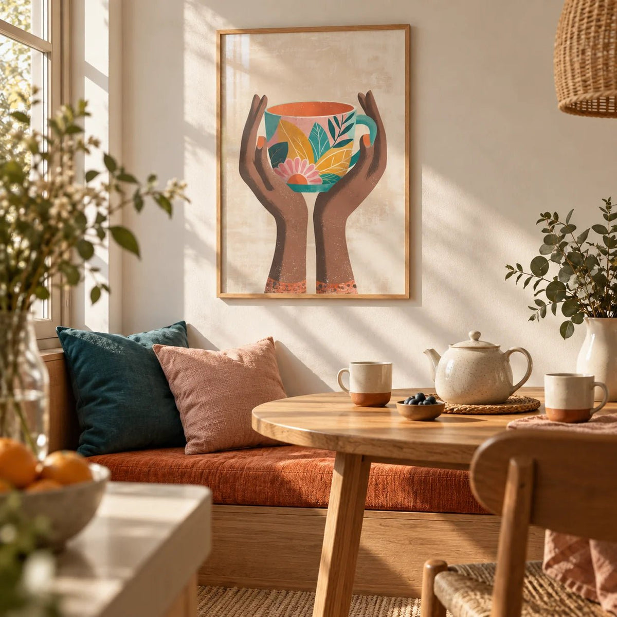 Colorful Mug Art Print, framed on the wall of a cosy breakfast nook in a kitchen