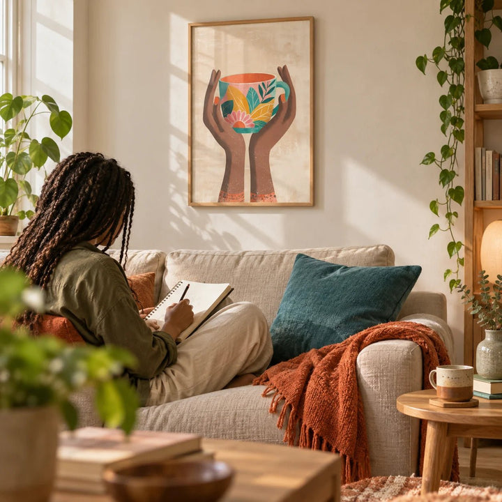 Colorful Mug Art Print, framed on the wall of a cosy living room