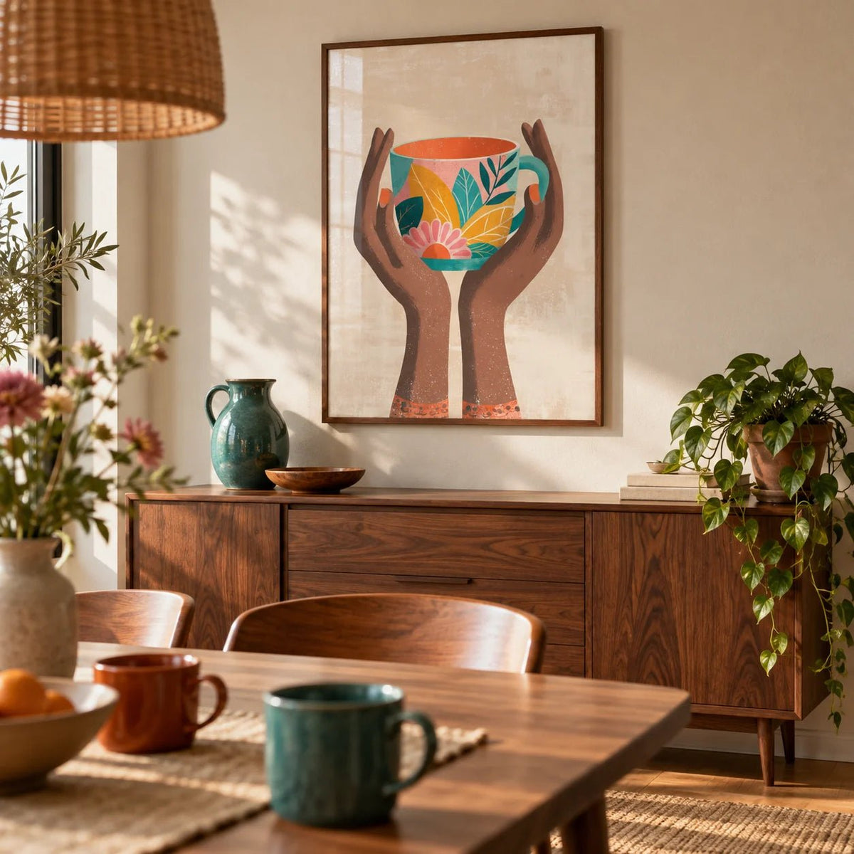 Colorful Mug Art Print, framed on the wall of a warm dining room