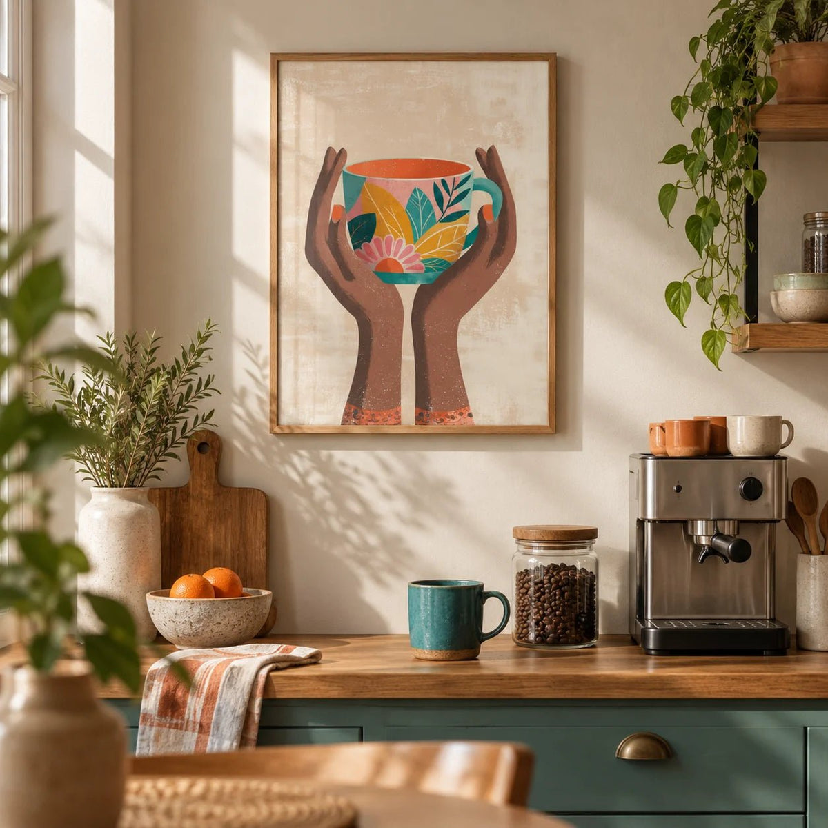 Colorful Mug Art Print, framed on the wall of a warm kitchen coffee corner