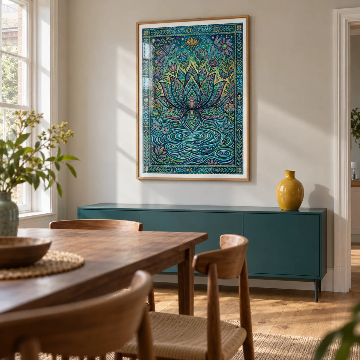 Colorful Nature Print, framed on the wall of a bright dining room in a renovated UK terrace with a pale warm grey wall and oak floorboards
