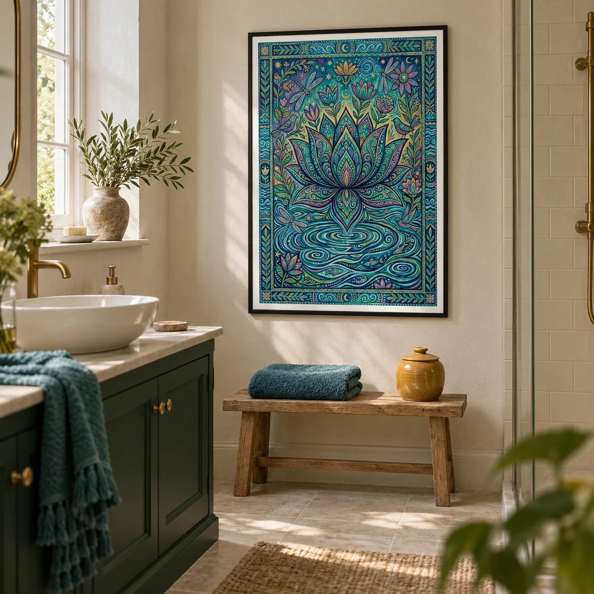 Colorful Nature Print, framed on the wall of a calm bathroom in a UK period home with pale stone walls