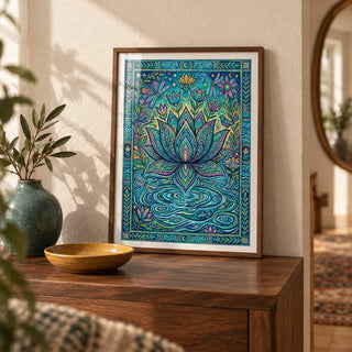 Colorful Nature Print, a small A4 framed print leaning on a walnut hallway side table