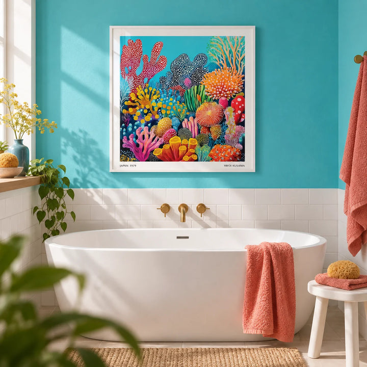 Colorful Ocean Picture, framed on the wall of a bright bathroom with a turquoise painted wall and plain white tiles