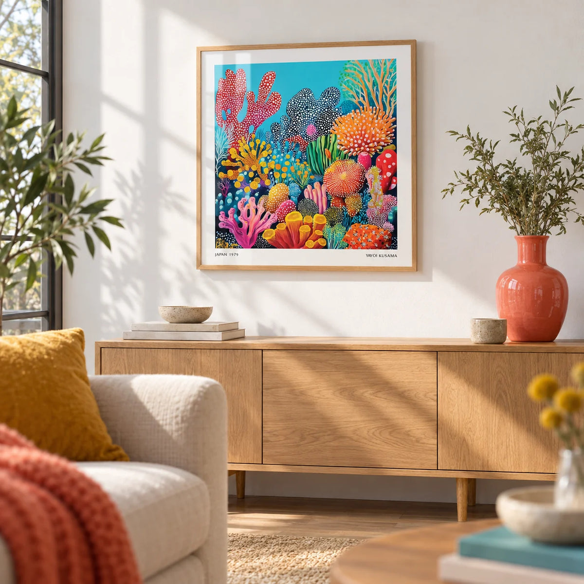 Colorful Ocean Picture, framed on the wall of a bright modern living room with a white wall