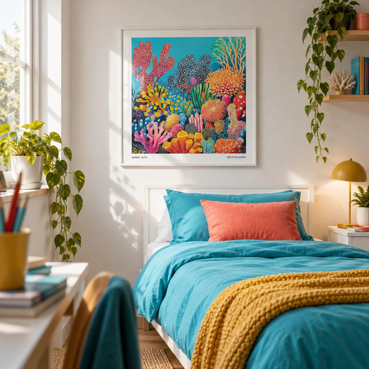 Colorful Ocean Picture, framed on the wall of a bright teen bedroom (13-17) with a white wall