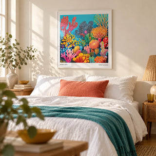 Colorful Ocean Picture, framed on the wall of a calm bedroom with a warm white wall