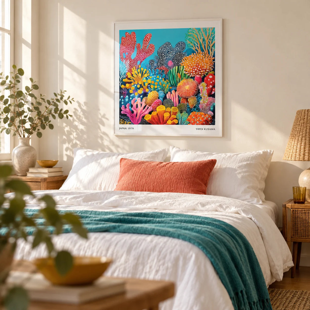 Colorful Ocean Picture, framed on the wall of a calm bedroom with a warm white wall