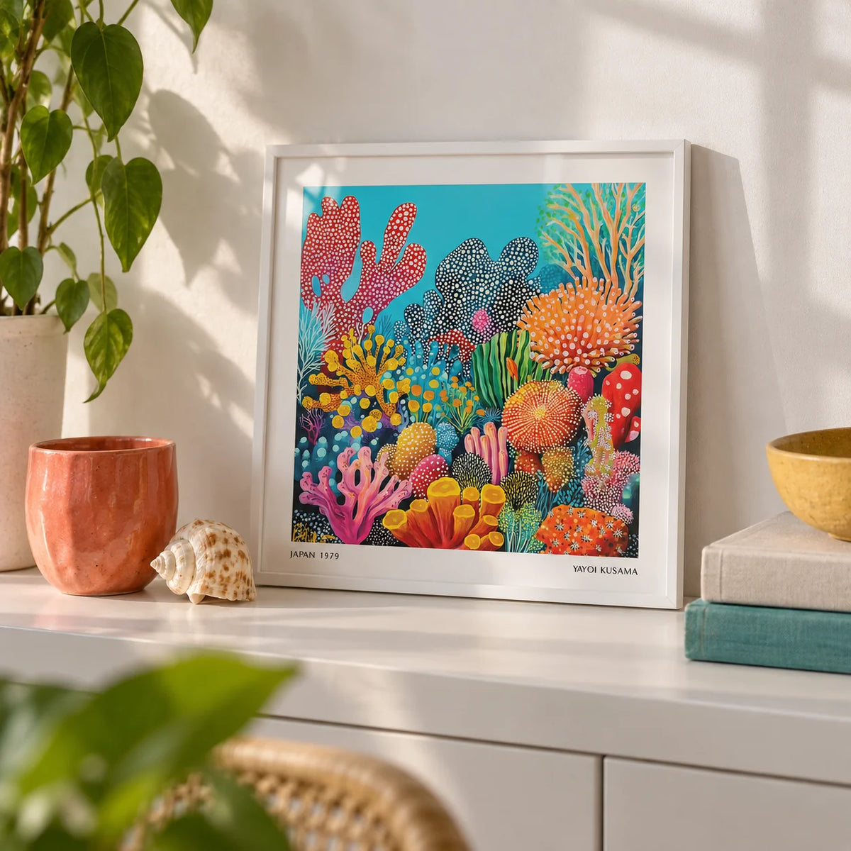 Colorful Ocean Picture, a small A4 framed print leaning on a white shelf in a living room