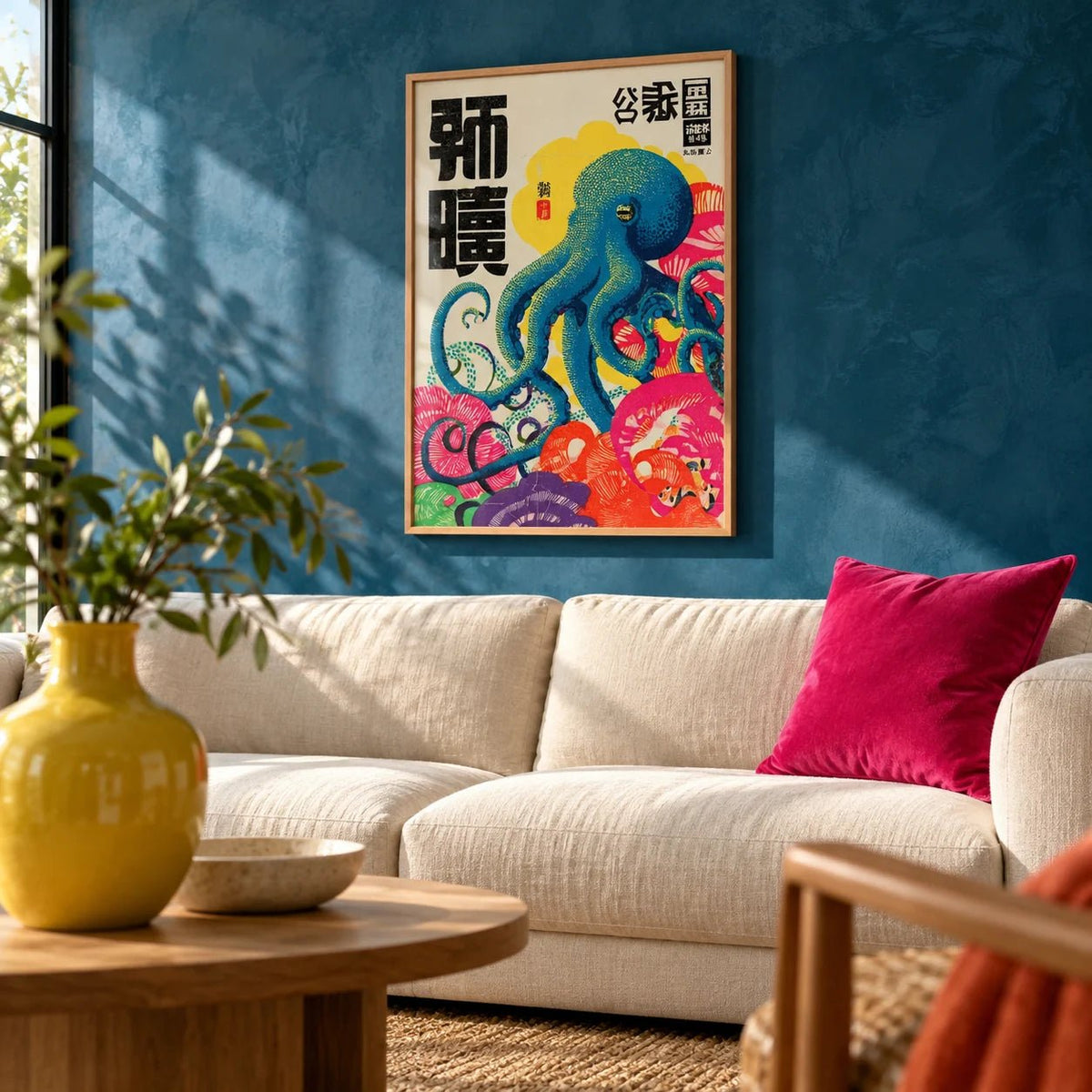 Octopus Art Print, framed on the wall of a bold living room with an ocean blue limewashed wall