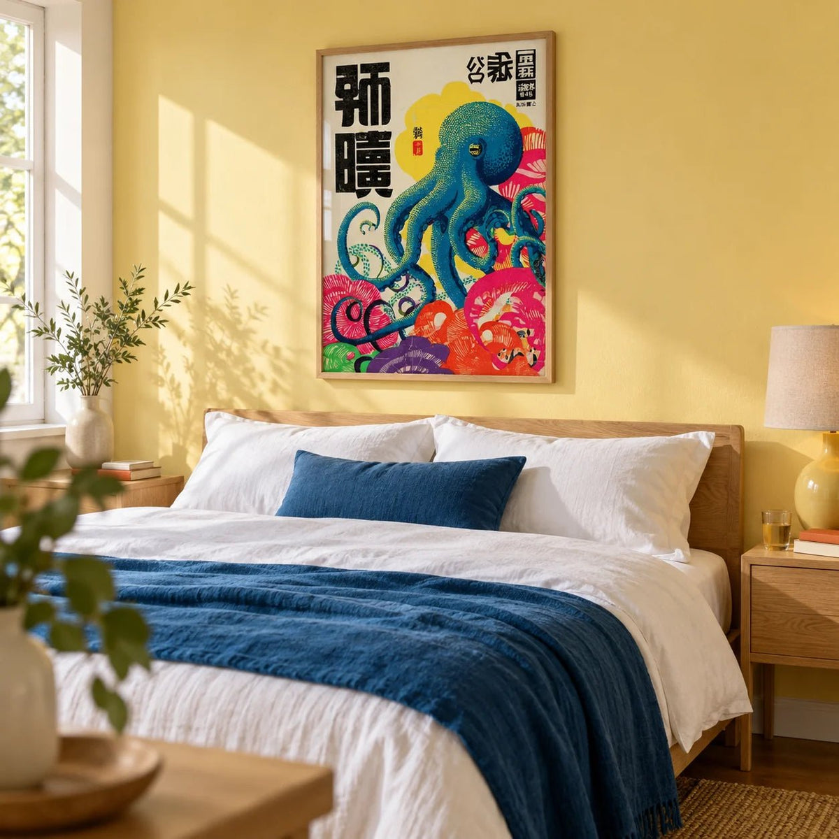 Octopus Art Print, framed on the wall of a bright bedroom with a soft yellow painted wall