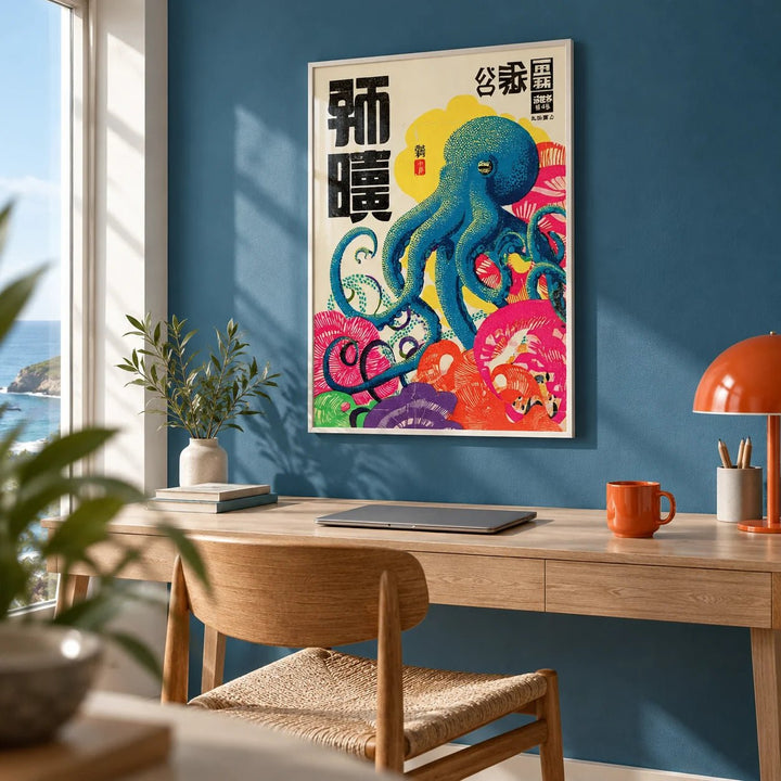 Octopus Art Print, framed on the wall of a coastal home office with an ocean blue painted wall