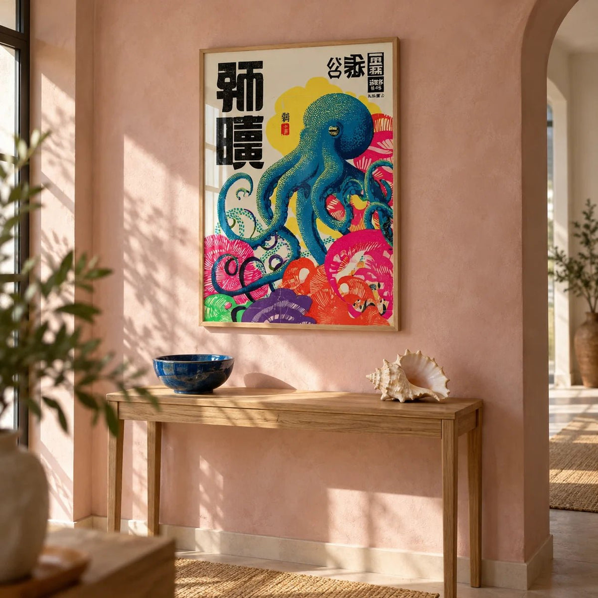 Octopus Art Print, framed on the wall of a hallway with a soft pink limewashed wall
