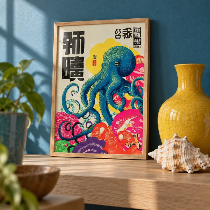 Octopus Art Print, a small A4 framed print leaning on a pale oak shelf in a living room