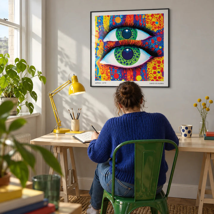 Colorful Pop Art, framed on the wall of a bright home drawing studio in a design-conscious UK flat with a pale grey wall in a home office