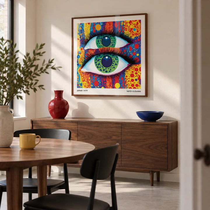 Colorful Pop Art, framed on the wall of a compact contemporary dining room in a renovated UK terrace with a warm white wall and pale concrete flooring