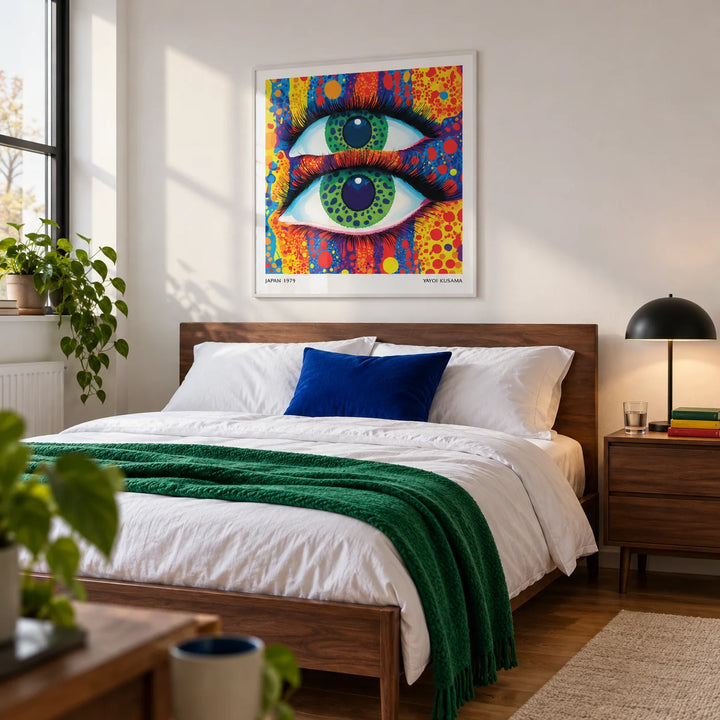 Colorful Pop Art, framed on the wall of a modern bedroom for a young adult in a UK first flat (22-28)