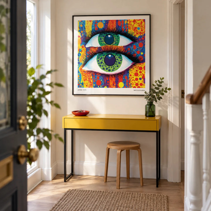 Colorful Pop Art, framed on the wall of a narrow entrance hallway in a modernised UK terrace with off-white walls and pale oak flooring
