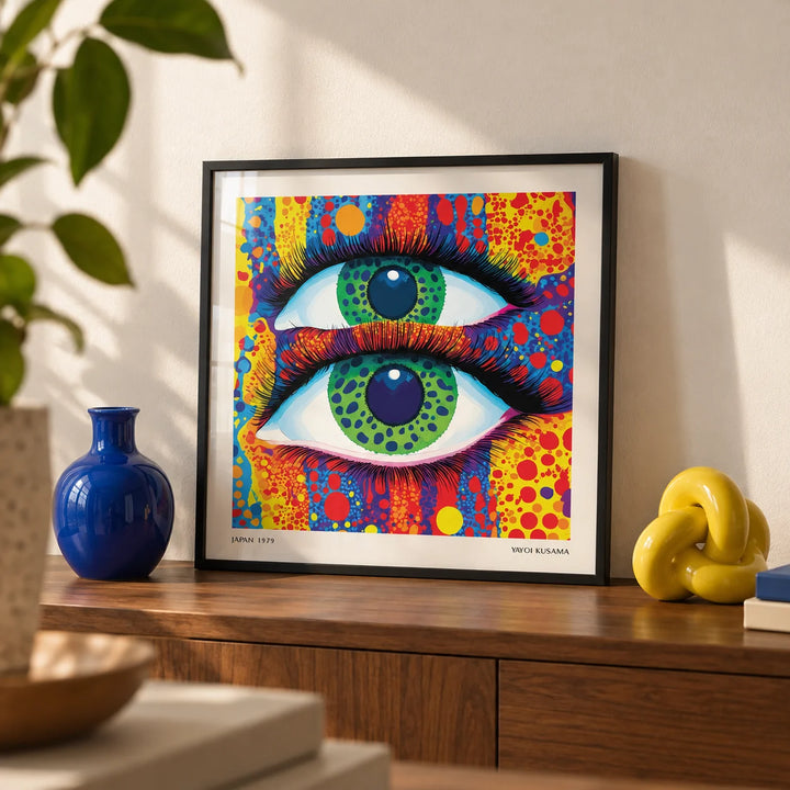 Colorful Pop Art, a small A4 framed print leaning on a walnut shelf in a living room