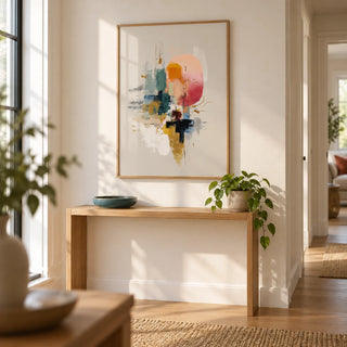 Colorful Poster Print, framed on the wall of a bright hallway with a warm white wall and an oak floor