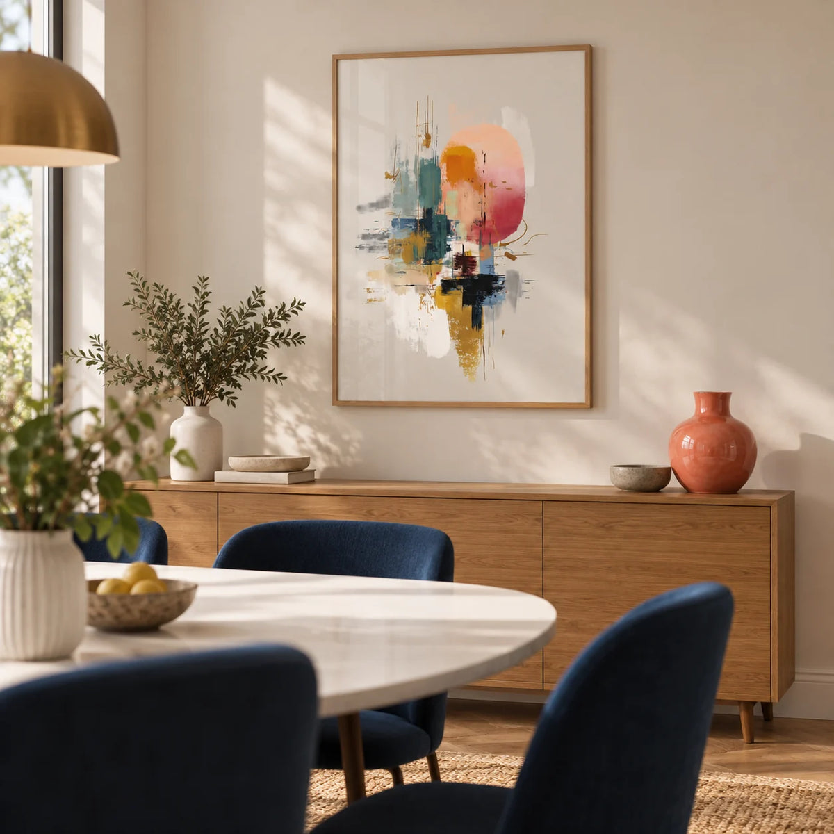Colorful Poster Print, framed on the wall of a modern dining room with a soft beige wall