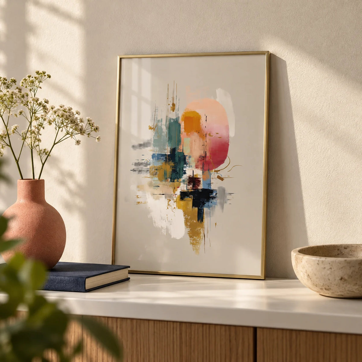 Colorful Poster Print, a small A4 framed print leaning on a white shelf in a living room