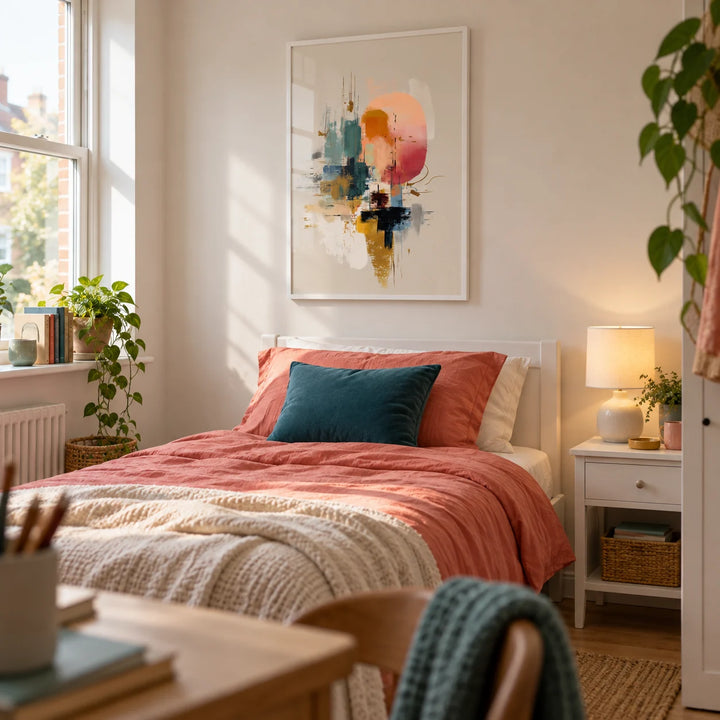 Colorful Poster Print, framed on the wall of a young woman's single bedroom in a shared house (20-28)
