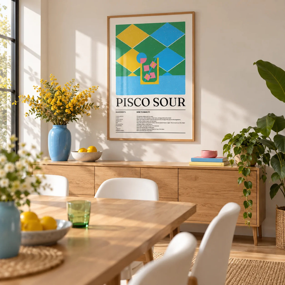 Colorful Posters, framed on the wall of a cheerful modern dining room