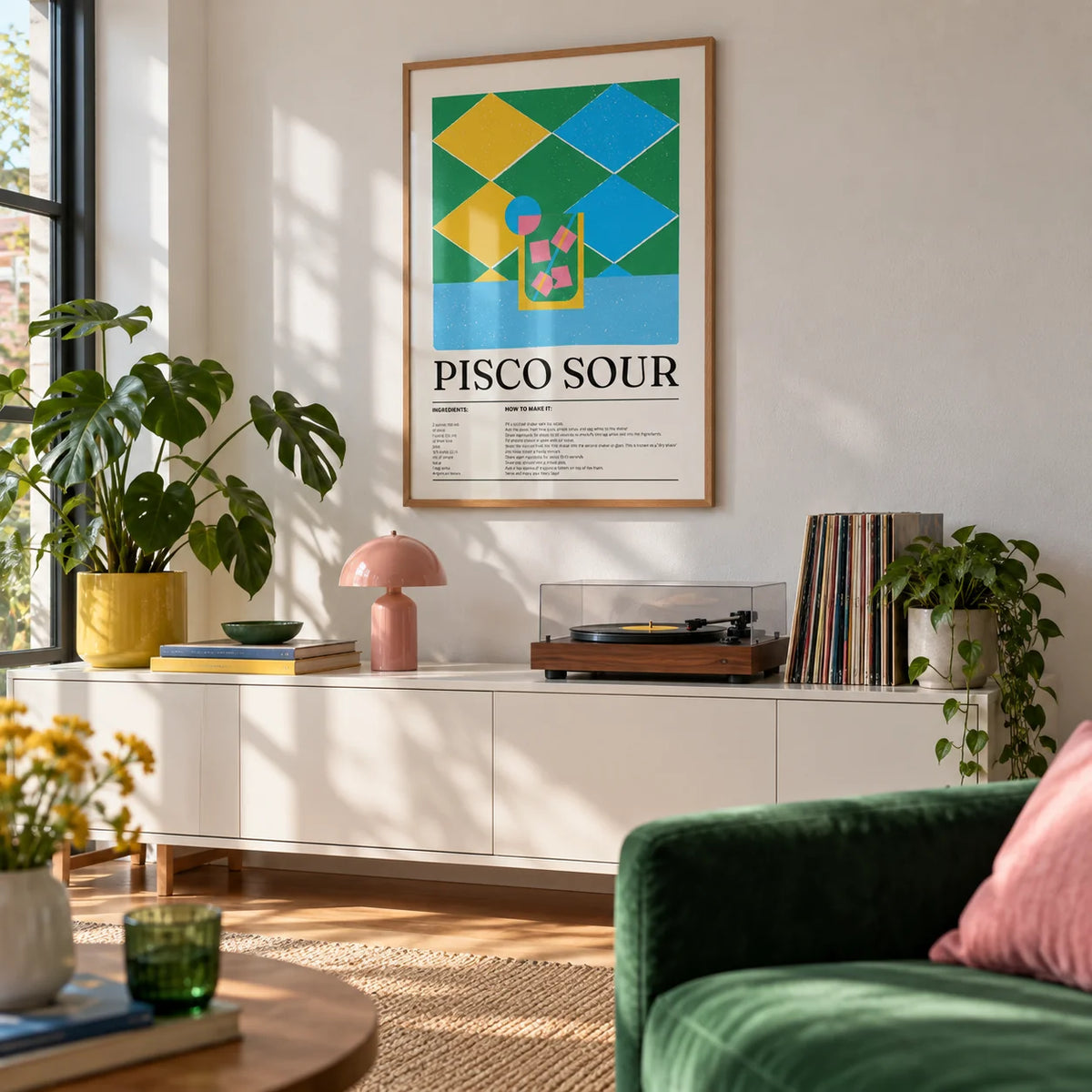 Colorful Posters, framed on the wall of a modern living room