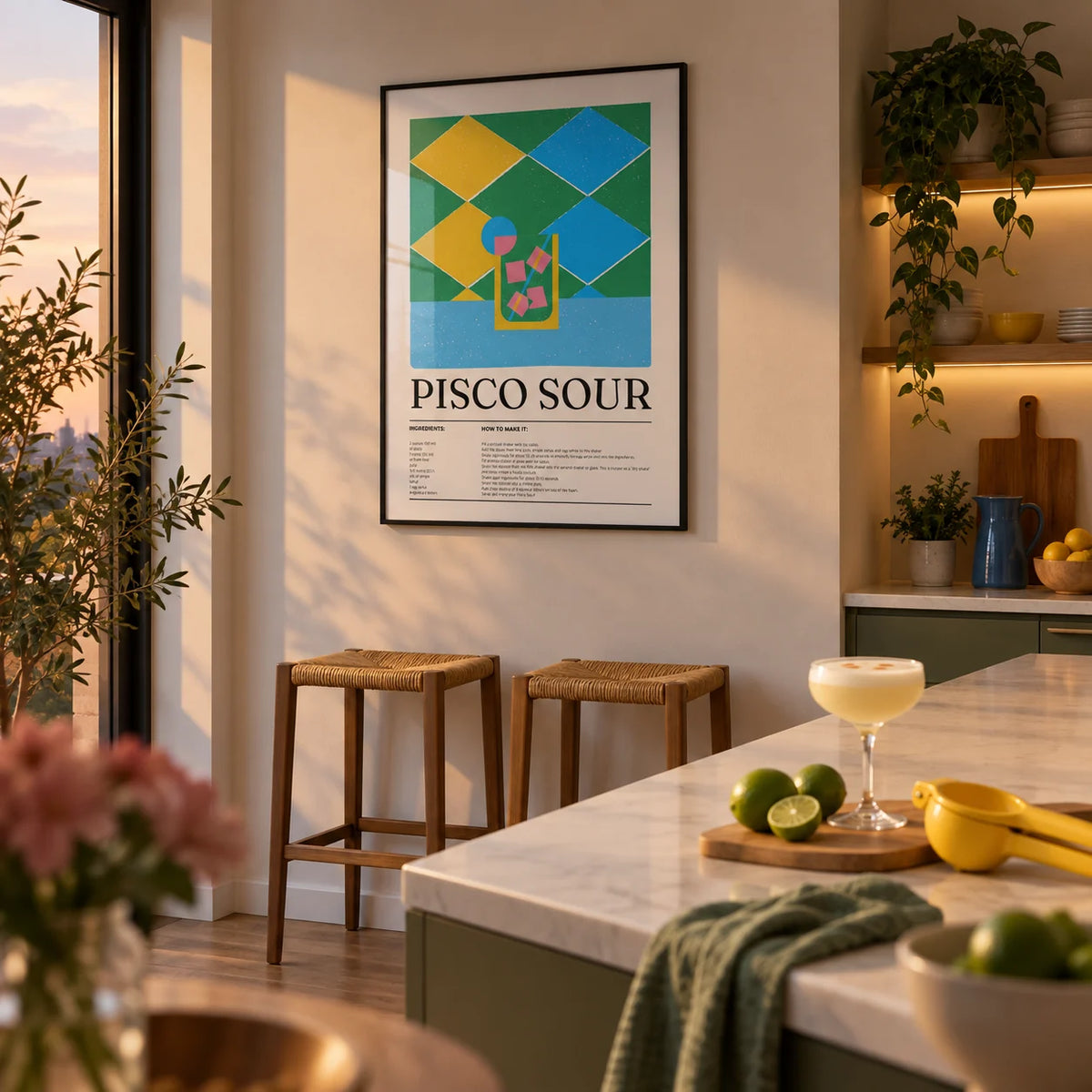 Colorful Posters, framed on the wall of an open kitchen with an island