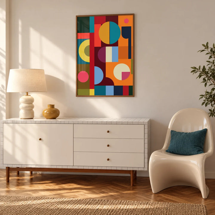Colorful Prints, framed on the wall of a bright hallway with a white sideboard and a cream chair