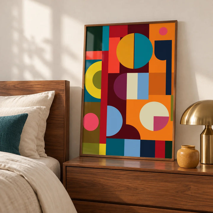 Colorful Prints, framed on the wall of a calm bedroom with a walnut chest of drawers