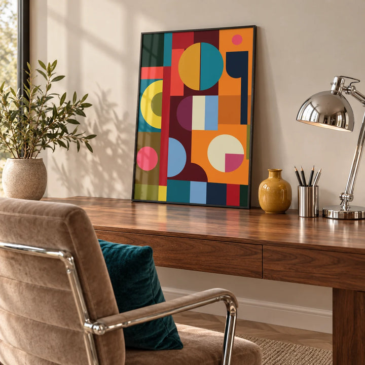 Colorful Prints, framed on the wall of a home office with a walnut desk and a chrome lamp