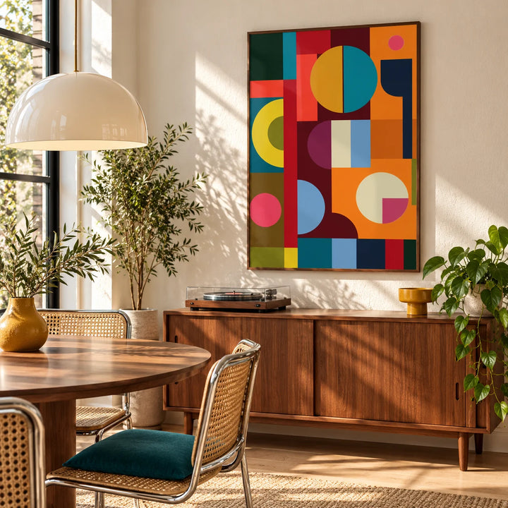 Colorful Prints, framed on the wall of a mid-century dining room with a walnut sideboard and cane chairs