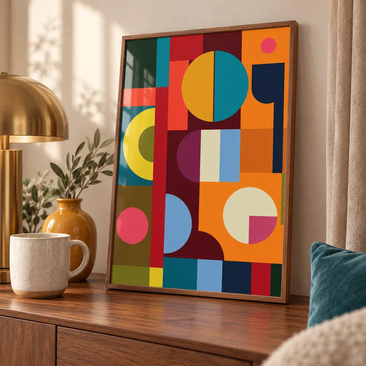 Colorful Prints, a small A4 framed print leaning on a walnut sideboard in a living room
