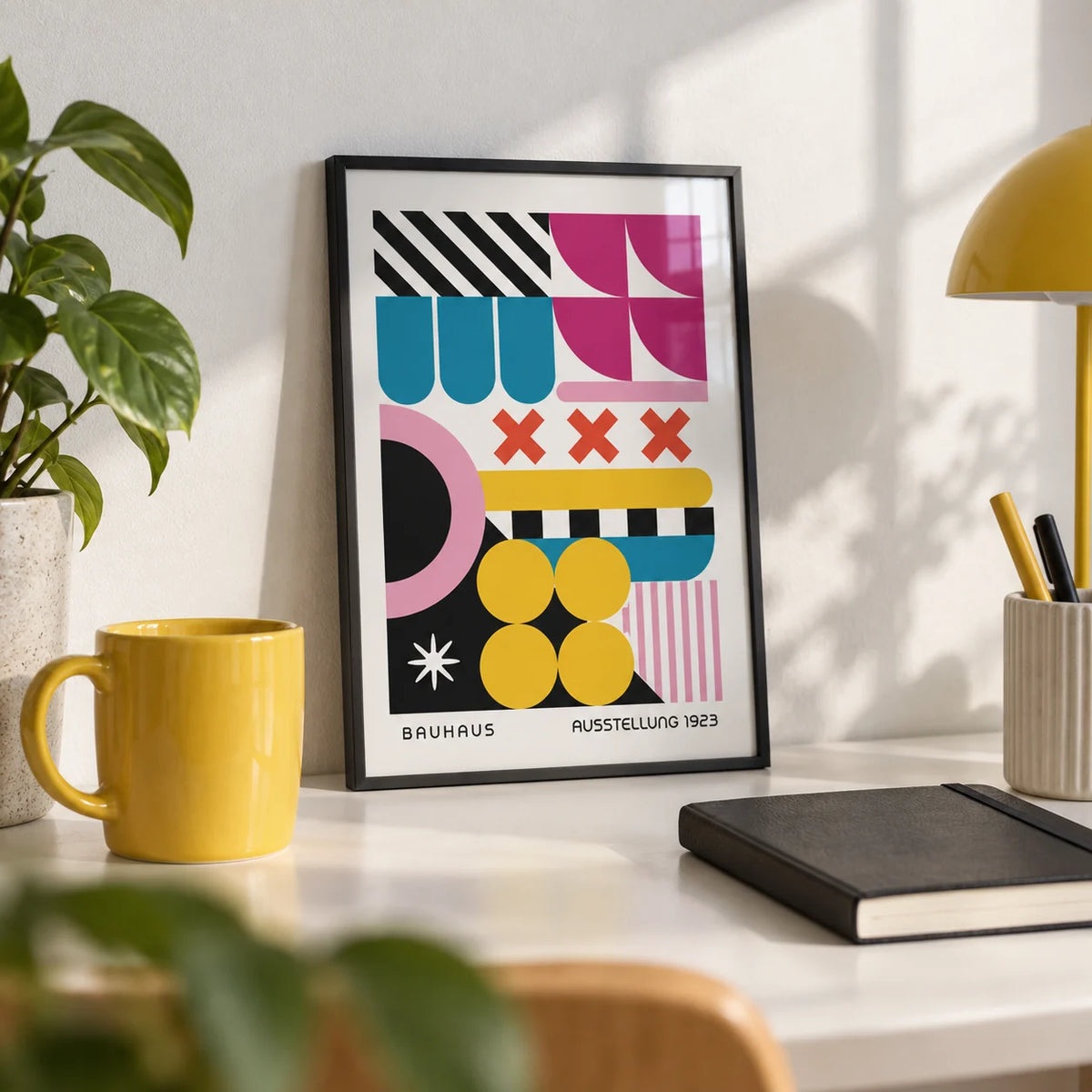 Colorful Prints, a small A4 framed print leaning on a white desk