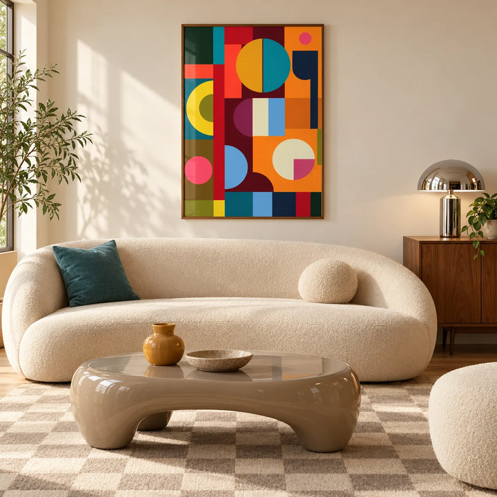 Colorful Prints, framed on the wall of a warm mid-century living room with a curved boucle sofa and a glossy coffee table
