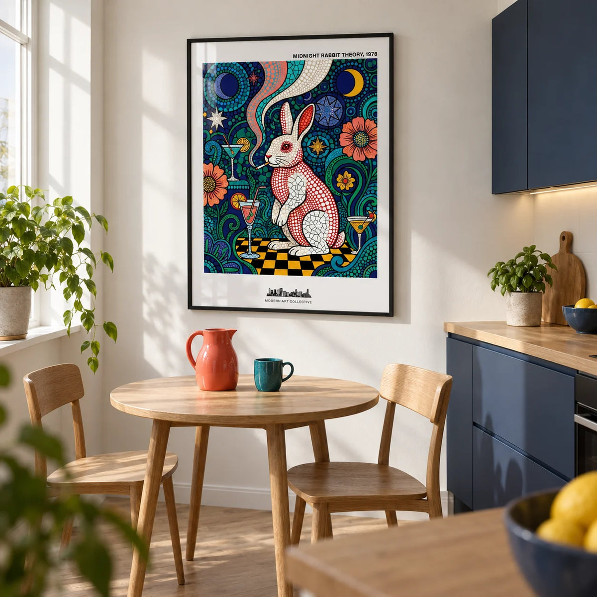Colorful Rabbit Art Print, framed on the wall of a bright modern kitchen in a UK flat with plain off-white walls