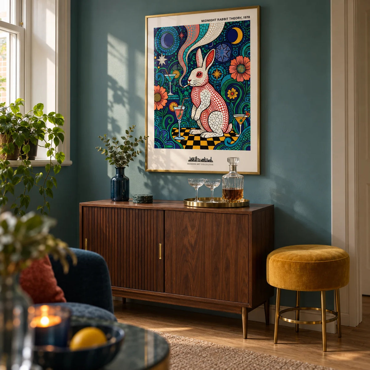 Colorful Rabbit Art Print, framed on the wall of a compact home bar alcove in an adult couple's UK flat with a muted teal wall and warm oak floor in a living room