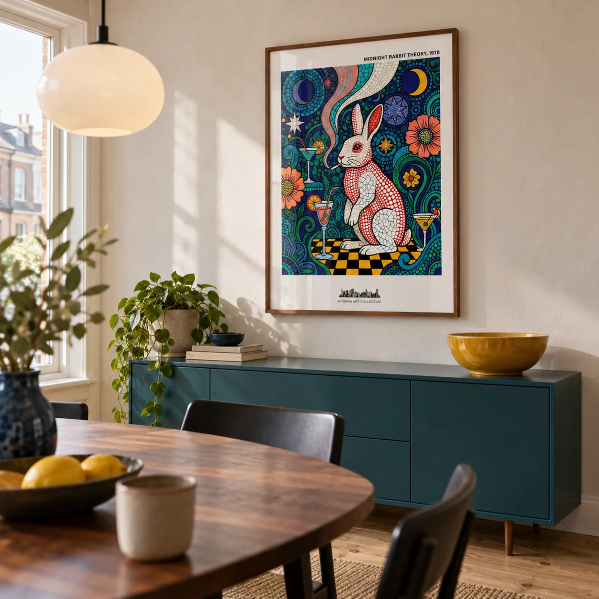 Colorful Rabbit Art Print, framed on the wall of a contemporary dining room in a UK terraced house with a pale plaster wall and simple oak floor