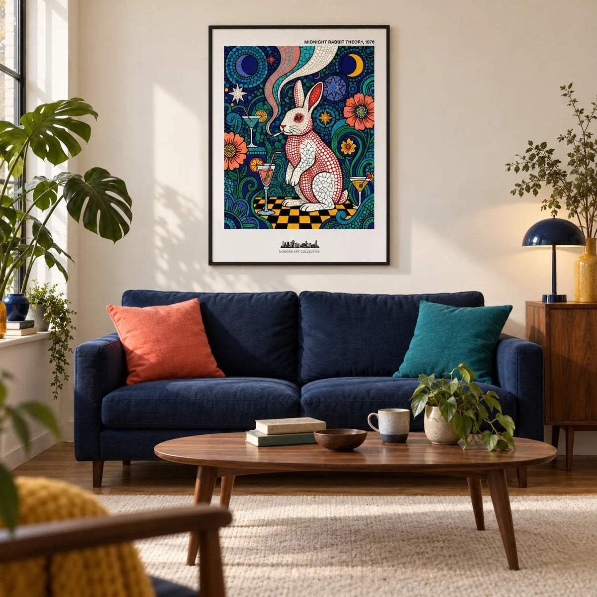 Colorful Rabbit Art Print, framed on the wall of a modern living room in a creative UK city flat with a warm white wall